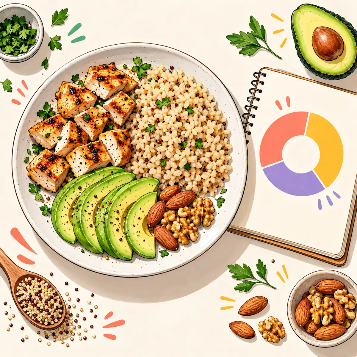 Balanced plate with protein, grains, avocado, nuts, and a macro split chart
